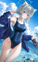 Rule 34 | 1girl, absurdres, animal ear fluff, animal ears, arm up, armpits, bare shoulders, bling (epvc5242), blue archive, blue eyes, blue jacket, blue nails, blue one-piece swimsuit, blue sky, blush, breasts, cloud, competition swimsuit, covered navel, cowboy shot, cross hair ornament, day, dutch angle, extra ears, grey hair, groin, hair ornament, halo, highleg, highleg swimsuit, highres, holding, holding own hair, holding shoes, jacket, long sleeves, looking at viewer, medium breasts, medium hair, mismatched pupils, nail polish, ocean, off shoulder, official alternate costume, one-piece swimsuit, open clothes, open jacket, outdoors, parted lips, ponytail, shiroko (blue archive), shiroko (swimsuit) (blue archive), shoes, sky, sleeves past wrists, solo, swimsuit, taut clothes, taut swimsuit, thighs, water, water drop, wet, wet clothes, wet hair, wet swimsuit