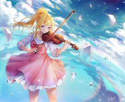 Rule 34 | 1girl, blonde hair, blue eyes, bow (music), cloud, cloudy sky, commentary request, dated, day, dress, highres, ika (4801055), instrument, miyazono kawori, ponytail, shigatsu wa kimi no uso, signature, sky, smile, solo, star (sky), starry sky, violin, water drop