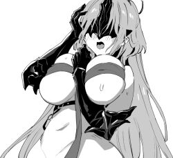 Rule 34 | 1girl, alsace (azur lane), azur lane, azur lane: slow ahead, between breasts, black gauntlets, blush, breast strap, breasts, facing viewer, gauntlets, greyscale, hori (hori no su), huge breasts, masked, monochrome, official art, open mouth, revealing clothes, simple background, solo, sweat, white background