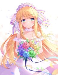 Rule 34 | 1girl, aqua flower, aqua rose, bare shoulders, blonde hair, blue eyes, blue flower, blunt bangs, blurry, blush, bouquet, breasts, character request, choker, cleavage, closed mouth, collarbone, commentary, cowboy shot, depth of field, dress, floral background, flower, frilled choker, frills, green eyes, green flower, hair ribbon, hairband, highres, holding, holding bouquet, long hair, looking at viewer, medium breasts, mikaze oto, multicolored eyes, off-shoulder dress, off shoulder, original, petals, pink flower, ribbon, rose, sidelocks, simple background, smile, solo, striped ribbon, very long hair, white background, white dress, yellow eyes, yellow flower