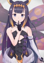 Rule 34 | 1girl, absurdres, bare shoulders, black dress, cleavage cutout, clothing cutout, clover print, detached collar, detached sleeves, dress, feathered wings, finger to mouth, flat chest, fur trim, gloves, grey background, hair ornament, half gloves, heart, heart print, highres, hololive, hololive english, light blush, long hair, looking at viewer, low wings, mole, mole under eye, multicolored hair, ninomae ina&#039;nis, ninomae ina&#039;nis (1st costume), pointy ears, purple eyes, purple gloves, purple hair, simple background, single sleeve, smile, solo, strapless, strapless dress, streaked hair, tentacles, upper body, user tgsh2438, virtual youtuber, wings