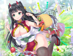 Rule 34 | 1girl, bare shoulders, black hair, black thighhighs, bracelet, breasts, broccoli, carrot, chinese clothes, cleavage, cleavage cutout, clothing cutout, cucumber, curvy, day, demon girl, female focus, food, fruit, green eyes, horns, jewelry, large breasts, long hair, miyano ururu, no panties, oni, original, outdoors, pelvic curtain, pointy ears, pomegranate, potato, running, sandals, shrine, skindentation, skirt, smile, solo, thighhighs, thighs, tomato, torii, very long hair
