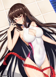 Rule 34 | 1girl, absurdres, armband, blunt bangs, blush, breasts, brown hair, cleavage, cleavage cutout, closed mouth, clothing cutout, commentary, competition swimsuit, counter:side, covered navel, english commentary, twirling hair, highres, long hair, looking at viewer, medium breasts, official alternate costume, one-piece swimsuit, red eyes, sidelocks, smile, solo, swimsuit, tile wall, tiles, twitter username, twomoon, very long hair, wet, white one-piece swimsuit, yen xing lanchester