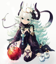 Rule 34 | 1girl, apple, black dress, black footwear, black nails, black thighhighs, blue hair, boots, breasts, closed mouth, commentary request, crystal, crystal apple, curled horns, dragon girl, dragon horns, dragon tail, dress, eyebrows hidden by hair, fingernails, food, fruit, full body, green eyes, grey background, hair between eyes, high heel boots, high heels, highres, horns, long hair, long sleeves, looking at viewer, nail polish, natsuiro xx, original, red apple, sitting, sleeves past wrists, small breasts, solo, tail, thigh boots, thighhighs, very long hair, wariza, wide sleeves