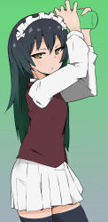 Rule 34 | 1girl, alternate headwear, arms up, bartender, black hair, black thighhighs, brown eyes, brown vest, closed mouth, cocktail shaker, commentary, cosplay, cutlass (girls und panzer), cutlass (girls und panzer) (cosplay), dress shirt, from side, frown, girls und panzer, gradient background, green background, half-closed eyes, holding, long hair, long sleeves, looking at viewer, maid headdress, ngc20701, reizei mako, shirt, solo, standing, thighhighs, vest, white shirt, zettai ryouiki