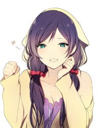 Rule 34 | 10s, 1girl, :d, blush, bow, breasts, cleavage, collarbone, female focus, green eyes, hair bow, happy, jacket, large breasts, long hair, looking at viewer, love live!, love live! school idol festival, love live! school idol project, lpip, open mouth, purple hair, red bow, simple background, smile, solo, tojo nozomi, twintails, upper body, white background