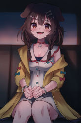 Rule 34 | 1girl, absurdres, animal ears, blue bow, blush, bone hair ornament, bow, braid, breasts, brown eyes, brown hair, buttons, cleavage, collarbone, commentary request, cuffs, dog ears, dog girl, dress, fangs, hair between eyes, hair ornament, hairclip, handcuffs, highres, hololive, inugami korone, inugami korone (1st costume), jacket, jashin korone, karashi (asarikarasi), long hair, looking at viewer, low twin braids, medium breasts, off shoulder, open clothes, open jacket, red bow, short dress, sitting, sleeveless, sleeveless dress, smile, solo, twin braids, twintails, virtual youtuber, white dress, yellow jacket