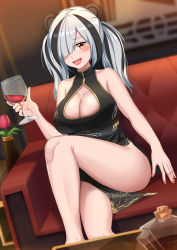 Rule 34 | 1girl, :d, alcohol, arknights, bare arms, bare shoulders, black dress, black hair, blurry, blurry background, blush, bottle, breasts, cleavage, cleavage cutout, clothes between thighs, clothing cutout, couch, cup, depth of field, dress, drinking glass, fang, feater (arknights), feet out of frame, fingernails, flower, hair over one eye, highres, holding, holding cup, knee up, large breasts, lenxiao, long hair, looking at viewer, multicolored hair, nail polish, on couch, open mouth, pelvic curtain, red eyes, red flower, red nails, red rose, rose, silver hair, sitting, sleeveless, sleeveless dress, smile, solo, streaked hair, table, thick eyebrows, twintails, vase, wine, wine glass