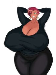 Rule 34 | 1girl, arms behind head, arms up, breasts, cleavage, curvy, gigantic breasts, green eyes, grin, highres, red hair, short hair, smile, solo, wide hips