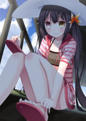 Rule 34 | 1girl, :d, bikini, chm (macharge), cloud, day, dutch angle, feet, flip-flops, flower, from below, hair flower, hair ornament, hat, heterochromia, holding, holding shoes, jacket, long hair, open mouth, original, plaid, plaid bikini, red eyes, sandals, see-through, shoes, single shoe, sitting, sky, smile, solo, sun hat, swimsuit, toes, twintails, very long hair, yellow eyes