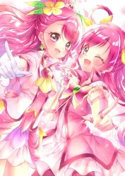Rule 34 | 2girls, :d, blush, bow, choker, color connection, commentary request, cure dream, cure grace, detached sleeves, dress, earrings, eyelashes, gloves, hair ornament, hair rings, hanadera nodoka, happy, healin&#039; good precure, highres, in-franchise crossover, jewelry, looking at viewer, magical girl, multiple girls, open mouth, pink dress, pink eyes, pink hair, pink skirt, pointing, pointing at viewer, precure, ribbon, skirt, smile, standing, touki matsuri, vest, white gloves, yes! precure 5, yes! precure 5 gogo!, yumehara nozomi