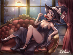 Rule 34 | 1girl, absurdres, arm support, bad id, bad pixiv id, bare arms, bare legs, bare shoulders, black dress, black footwear, black hair, black hat, blush stickers, bow, bracelet, breasts, candy, cleavage, collarbone, commentary request, commission, couch, curtains, dress, dungeon and fighter, evening gown, food, full body, gem, green gemstone, hat, hat bow, high heels, highres, holding, holding food, indoors, jewelry, kie (wylee2212), knees up, korean commentary, lamppost, leaning back, lens flare, licking, light, lollipop, long hair, medium breasts, night, no bra, no panties, on couch, open mouth, pelvic curtain, pointy ears, red eyes, signature, sitting, sleeveless, sleeveless dress, solo, very long hair, white bow, window, witch, witch hat