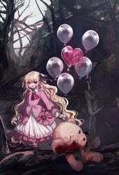 Rule 34 | 1girl, balloon, bare tree, black footwear, black socks, blonde hair, blood, blood on face, blood on hands, bloody knife, boots, commentary, danjou sora, dress, frilled dress, frills, heart balloon, highres, holding, holding knife, knife, long sleeves, original, pink dress, puffy long sleeves, puffy sleeves, socks, solo, stuffed animal, stuffed toy, symbol-only commentary, teddy bear, tree