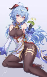 Rule 34 | 1girl, ahoge, anbe yoshirou, bare shoulders, bell, blue hair, bodystocking, bodysuit, breasts, chinese clothes, closed mouth, cloud, cloudy sky, detached collar, detached sleeves, flower, foot out of frame, ganyu (genshin impact), genshin impact, goat horns, gold trim, grass, hair between eyes, highres, holding, holding flower, horns, long hair, looking at viewer, medium breasts, neck bell, outdoors, pelvic curtain, purple eyes, sitting, sky, smile, solo, very long hair, yokozuwari