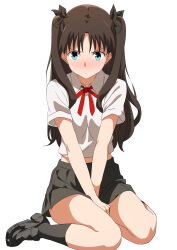Rule 34 | 1girl, between legs, black bow, black footwear, black ribbon, black skirt, black socks, blue eyes, blush, bow, brown hair, collared shirt, commentary, covering crotch, covering privates, fate/stay night, fate (series), full body, hair bow, hair ribbon, hand between legs, highres, kishishi (kishiman-ya), kneehighs, loafers, long hair, looking at viewer, midriff peek, miniskirt, neck ribbon, pleated skirt, pout, red ribbon, ribbon, shirt, shoes, short sleeves, simple background, sitting, skirt, socks, solo, thighs, tohsaka rin, two side up, v arms, wariza, white background, white shirt