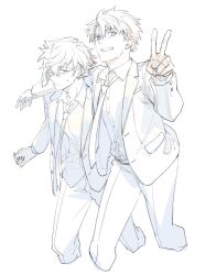 Rule 34 | 2boys, alternate costume, arm around shoulder, collared shirt, cropped legs, earrings, fate/grand order, fate (series), formal, fu rori, fujimaru ritsuka (male), grin, hair between eyes, jacket, jewelry, kadoc zemlupus, light blush, looking at viewer, male focus, messy hair, monochrome, multiple boys, necktie, open clothes, open jacket, pants, shirt, simple background, sketch, smile, suit, sweat, v