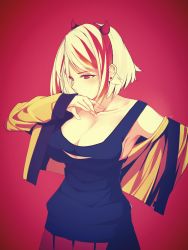 Rule 34 | 1girl, blonde hair, bonkiru, breasts, cardigan, cleavage, clothes pull, collarbone, covered mouth, dab (dance), demon horns, earrings, fake horns, gradient background, hairband, highres, horns, jewelry, large breasts, looking to the side, multicolored hair, open cardigan, open clothes, original, pleated skirt, red background, red eyes, red hair, red skirt, short hair, skirt, solo, streaked hair, stud earrings, sweater, sweater pull, tank top, two-tone hair, upper body