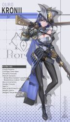 Rule 34 | 1girl, absurdres, alternate costume, armor, black gloves, blue capelet, breasts, capelet, character name, character profile, cleavage, commentary request, copyright name, detached sleeves, earrings, english text, full body, gloves, gun, hair between eyes, hat, highres, holding, holding gun, holding weapon, hololive, hololive english, jewelry, large breasts, logo, looking to the side, myo-zin, ouro kronii, pants, rifle, ringed eyes, shadow, short hair, single detached sleeve, smile, solo, striped clothes, striped pants, tight clothes, tight pants, vertical-striped clothes, vertical-striped pants, virtual youtuber, weapon