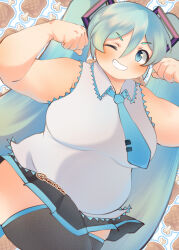 Rule 34 | 1girl, absurdres, alternate body size, alternate breast size, aqua hair, artist name, bare shoulders, blue eyes, blue necktie, blue outline, boned meat, breasts, clenched hands, clenched teeth, cowboy shot, dot nose, flexing, food, hair between eyes, hair ornament, hatsune miku, highres, large breasts, long hair, looking at viewer, meat, miniskirt, necktie, one eye closed, open mouth, outline, plump, shirt, skirt, sleeveless, sleeveless shirt, solo, teeth, thick arms, thick thighs, thighhighs, thighs, twintails, twitter username, vocaloid, white background, white outline, wing collar, xixiriima, zettai ryouiki