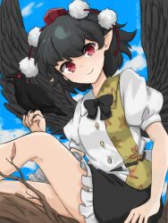 1girl bird_wings black_bow black_bowtie black_hair black_skirt black_wings blue_sky bow bowtie cloud commentary frilled_skirt frills hat highres kani_no_sushi looking_at_viewer outdoors pointy_ears pom_pom_(clothes) red_eyes red_hat shameimaru_aya shirt short_hair short_sleeves sitting_on_branch skirt sky tokin_hat touhou twitter_username white_shirt wings