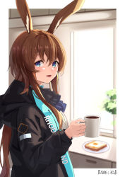 Rule 34 | 1girl, amiya (arknights), animal ear fluff, animal ears, arknights, black jacket, blouse, blue eyes, bread slice, brown hair, commentary request, cup, day, eyebrows hidden by hair, food, fried egg, fried egg on toast, hair between eyes, highres, holding, holding cup, jacket, long hair, long sleeves, looking at viewer, motirimoti, mug, open clothes, open jacket, open mouth, plate, puffy long sleeves, puffy sleeves, rabbit ears, shirt, solo, sunlight, toast, very long hair, white shirt, window