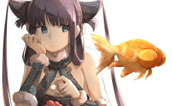 Rule 34 | 1girl, bare shoulders, black dress, blue eyes, breasts, china dress, chinese clothes, cleavage, detached sleeves, dress, fate/grand order, fate (series), fish, hair ornament, kankan33333, long hair, looking to the side, lychee, medium breasts, purple hair, sidelocks, solo, twintails, very long hair, yang guifei (fate), yang guifei (second ascension) (fate)