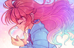 Rule 34 | 1girl, ahoge, blue jacket, blush, blush stickers, border, celeste (video game), closed eyes, closed mouth, coat, happy, heart, jacket, linterteatime, madeline (celeste), red hair, smile, solo, upper body, white border, winter clothes, winter coat, zipper