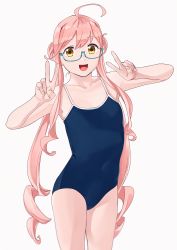 Rule 34 | 1girl, absurdres, ahoge, alternate costume, aqua-framed eyewear, bad id, bad twitter id, blue one-piece swimsuit, collarbone, competition school swimsuit, double bun, double v, flat chest, glasses, hair bun, highres, kantai collection, long hair, looking at viewer, makigumo (kancolle), ojipon, one-piece swimsuit, pink hair, school swimsuit, simple background, smile, solo, standing, swimsuit, twintails, v, white background, yellow eyes