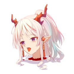 Rule 34 | 1girl, arknights, braid, corpse, crying, decapitation, dragon horns, earrings, ero guro, guro, highres, horns, jewelry, multicolored hair, nian (arknights), open mouth, pointy ears, ponytail, solo, streaked hair, streaming tears, tears, tokagex, tongue, tongue out, white hair