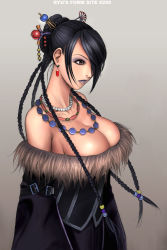 Rule 34 | 00s, 1girl, bare shoulders, belt, black eyes, black hair, braid, breasts, cleavage, dress, earrings, eyeshadow, final fantasy, final fantasy x, fur, hair ornament, hair over one eye, huge breasts, jewelry, lipstick, long hair, lulu (ff10), makeup, necklace, ryu (ryu&#039;s form site), side braid, solo, square enix, strapless, strapless dress