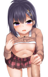 Rule 34 | 10s, 1girl, black hair, breasts, breasts apart, cardigan, censored, clothes lift, erection, gabriel dropout, hair ornament, hairclip, handjob, head tilt, hetero, highres, leaning forward, long sleeves, looking at viewer, mizushina minato, mosaic censoring, navel, nipples, open mouth, penis, plaid, plaid skirt, pov, purple eyes, red skirt, school uniform, shirt, shirt lift, simple background, skirt, small breasts, solo focus, vignette tsukinose april, white background, white shirt, x hair ornament