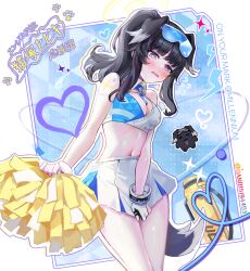 Rule 34 | 1girl, animal ears, black hair, blue archive, blush, breasts, character name, cheerleader, cleavage, dano, dog ears, dog girl, dog tail, eyewear on head, gloves, grey hair, halo, heart, hibiki (blue archive), hibiki (cheer squad) (blue archive), highres, holding, holding pom poms, long hair, medium breasts, millennium cheerleader outfit (blue archive), multicolored hair, navel, partially fingerless gloves, pleated skirt, pom pom (cheerleading), pom poms, ponytail, single glove, skirt, solo, sparkle, sweat, tail, twitter username
