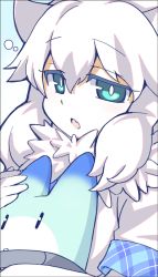 Rule 34 | 1girl, :o, animal ears, aqua eyes, blue background, border, bright pupils, chestnut mouth, close-up, eyes visible through hair, fang, from side, fur collar, gloves, gradient background, grey border, hair between eyes, half-closed eyes, hand up, holding, kemono friends, kemono friends 3, lion ears, long hair, looking at viewer, looking to the side, lucky beast (kemono friends), parted lips, plaid, shirt, short sleeves, sidelocks, skin fang, sleepy, two-tone background, upper body, wavy hair, white background, white gloves, white hair, white lion (kemono friends), white pupils, white shirt, yamai