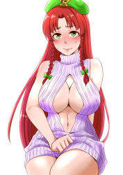 Rule 34 | 1girl, beret, blush, braid, breasts, center opening, cleavage, cleavage cutout, closed mouth, clothing cutout, commentary, covered erect nipples, cowboy shot, embarrassed, eyelashes, green eyes, green hat, hair ribbon, hat, highres, hong meiling, large breasts, lips, long hair, looking at viewer, midriff, naked sweater, navel, navel cutout, parted bangs, purple sweater, red hair, ribbed sweater, ribbon, shiraue yuu, side braids, simple background, sitting, sleeveless, sleeveless sweater, sleeveless turtleneck, solo, star (symbol), straight hair, sweater, thighs, touhou, tress ribbon, turtleneck, turtleneck sweater, twin braids, white background