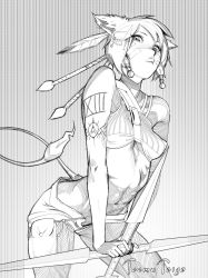 Rule 34 | 1girl, animal ears, arched back, arm tattoo, artist name, bare shoulders, breasts, cowboy shot, crop top, facial mark, feather hair ornament, feathers, final fantasy, final fantasy vii, flame-tipped tail, fusion, greyscale, hair ornament, holding, holding shuriken, holding weapon, looking at viewer, medium breasts, midriff, monochrome, navel, parted lips, pouch, red xiii, short hair, short shorts, shorts, shuriken, solo, standing, tattoo, teemu taiga, thigh pouch, underboob, v arms, weapon, yuffie kisaragi