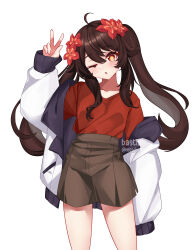 Rule 34 | 1girl, absurdres, ahoge, bastian (user gkhv5557), brown hair, brown shorts, commentary, flower, genshin impact, hair flower, hair ornament, hand up, highres, hu tao (genshin impact), jacket, open mouth, red eyes, red shirt, shirt, shorts, simple background, solo, symbol-shaped pupils, twintails, v, white background, white jacket