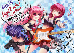 Rule 34 | 10s, 2girls, :d, ;d, alternate costume, angel beats!, fang, guitar, instrument, iwasawa masami, long hair, microphone, microphone stand, multiple girls, one eye closed, open mouth, pink eyes, pink hair, red eyes, red hair, school uniform, serafuku, short hair, smile, tazu, twintails, two side up, yui (angel beats!)