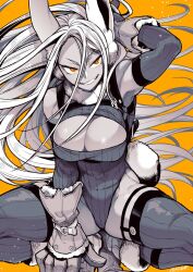 Rule 34 | 1girl, animal ears, boku no hero academia, breasts, cleavage, cleavage cutout, clenched teeth, clothing cutout, detached sleeves, gloves, greyscale, greyscale with colored background, hair between eyes, highres, large breasts, long hair, mirko, monochrome, orange background, orange eyes, rabbit ears, rabbit girl, smile, solo, squatting, striped clothes, striped thighhighs, takatsuki ichi, teeth, thighhighs, thighs, vertical-striped clothes, vertical-striped thighhighs