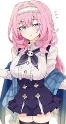 Rule 34 | 1girl, awe (adorableduckyy), blue skirt, breasts, center frills, closed mouth, collared shirt, commentary request, dress shirt, elysia (coco) (honkai impact), elysia (honkai impact), frilled skirt, frills, hairband, high-waist skirt, highres, honkai (series), honkai impact 3rd, large breasts, long hair, long sleeves, looking at viewer, notice lines, pink hair, pointy ears, shirt, simple background, skirt, smile, solo, suspender skirt, suspenders, very long hair, white background, white hairband, white shirt