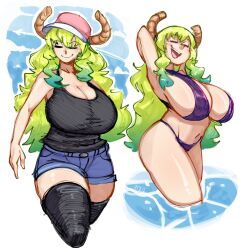 Rule 34 | 1girl, ass, bikini, black camisole, black thighhighs, blue shorts, breasts, bucket hat, camisole, cleavage, collarbone, colored tips, commentary, curvy, english commentary, green hair, hat, highres, horns, huge breasts, kobayashi-san chi no maidragon, long hair, lucoa (maidragon), multicolored hair, multiple views, navel, open mouth, pink headwear, purple bikini, ratf, shiny skin, shorts, sidelocks, smile, swimsuit, thighhighs, thong, thong bikini, very long hair, water, wide hips
