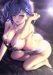 Rule 34 | 1girl, absurdres, adjusting hair, all fours, ass, azur lane, bare legs, bare shoulders, blue hair, blush, breasts, butt crack, cleavage, collarbone, dress, earrings, evening gown, hair ornament, tucking hair, hairclip, halter dress, halterneck, highres, jewelry, large breasts, long hair, looking at viewer, official alternate costume, open mouth, plunging neckline, queasy s, red eyes, side ponytail, sidelocks, silver dress, smile, solo, st. louis (azur lane), st. louis (luxurious wheels) (azur lane), thighs