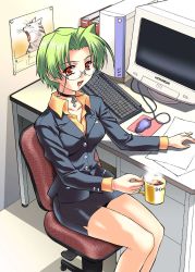 Rule 34 | 1girl, business suit, chair, choker, coffee, computer, cross, cross choker, cross necklace, desk, formal, glasses, green hair, highres, indoors, jewelry, keyboard (computer), latin cross, looking at viewer, miniskirt, necklace, office lady, open mouth, orange eyes, pencil skirt, short hair, skirt, skirt suit, smile, solo, suit
