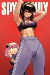 Rule 34 | 0 0, 2girls, abs, absurdres, adidas, ahoge, anya (spy x family), armpits, arms behind head, black hair, breasts, child, copyright name, hair tie in mouth, hairband, highres, holding another&#039;s leg, long hair, looking at another, looking at viewer, medium breasts, medium hair, midriff, mother and daughter, mouth hold, mr tangsuyuk, multiple girls, navel, pants, pink hair, red background, red eyes, sidelocks, sports bra, sportswear, spy x family, stomach, striped, sweat, vertical stripes, white hairband, yoga pants, yor briar