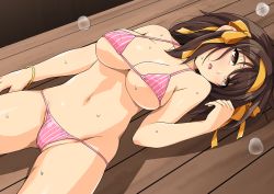 Rule 34 | 1girl, bikini, bracelet, breasts, brown eyes, brown hair, cleavage, commentary request, eyes visible through hair, hairband, hand to head, haruhisky, highres, jewelry, large breasts, lying, micro bikini, navel, open mouth, solo, spread legs, string bikini, striped bikini, striped clothes, suzumiya haruhi, suzumiya haruhi no yuuutsu, sweatdrop, swimsuit, table, underboob, waiting, yellow hairband