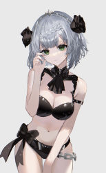 Rule 34 | 1girl, alternate costume, arm strap, ascot, belt, bikini, black belt, black bikini, black bow, black flower, black rose, blunt bangs, bow, braid, breasts, chain, cleavage, closed mouth, flower, genshin impact, green eyes, grey background, grey hair, hair flower, hair ornament, hand up, highres, looking at viewer, medium breasts, navel, noelle (genshin impact), o-ring, raiya atelier, rose, short hair, simple background, solo, stomach, swimsuit