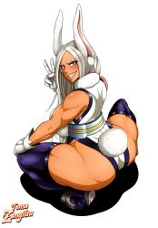 Rule 34 | 1girl, absurdres, animal ears, ass, bare shoulders, boku no hero academia, breasts, fang, full body, highleg, highleg leotard, highres, huge ass, large breasts, leotard, mirko, muscular, muscular female, rabbit ears, rabbit tail, red eyes, smile, spread legs, squatting, tail, teeth, tensa-zangitsu, thick thighs, thighhighs, thighs, v