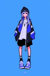 Rule 34 | 1girl, absurdres, black shorts, black socks, blue background, blue footwear, blue hair, blue theme, bright pupils, cross, expressionless, full body, hands in pockets, highres, jacket, jewelry, long hair, looking at viewer, miyoshi yoshimi, necklace, original, print jacket, purple eyes, shadow, shirt, shoes, shorts, simple background, socks, solo, standing, white pupils, white shirt