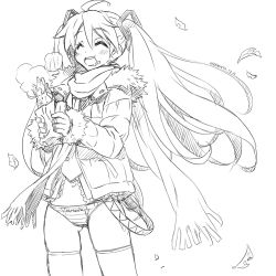 Rule 34 | 10s, 1girl, 2012, ahoge, closed eyes, dated, eating, food, greyscale, hatsune miku, isedaichi ken, jacket, leaf, long hair, md5 mismatch, monochrome, navel, necktie, no pants, open mouth, panties, scarf, solo, striped clothes, striped panties, thighhighs, twintails, underwear, very long hair, vocaloid, yamaha