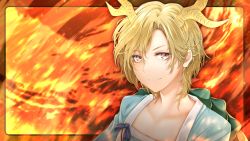 Rule 34 | 1girl, antlers, arkatopia, blonde hair, dragon horns, fiery background, fire, hair behind ear, hair between eyes, highres, horns, kicchou yachie, light smile, looking at viewer, portrait, red eyes, short hair, simple background, solo, touhou, upper body