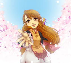Rule 34 | 1girl, brown hair, clavat, final fantasy, final fantasy crystal chronicles, long hair clavat, lowres, outdoors, sky, smile, solo, yu-kin